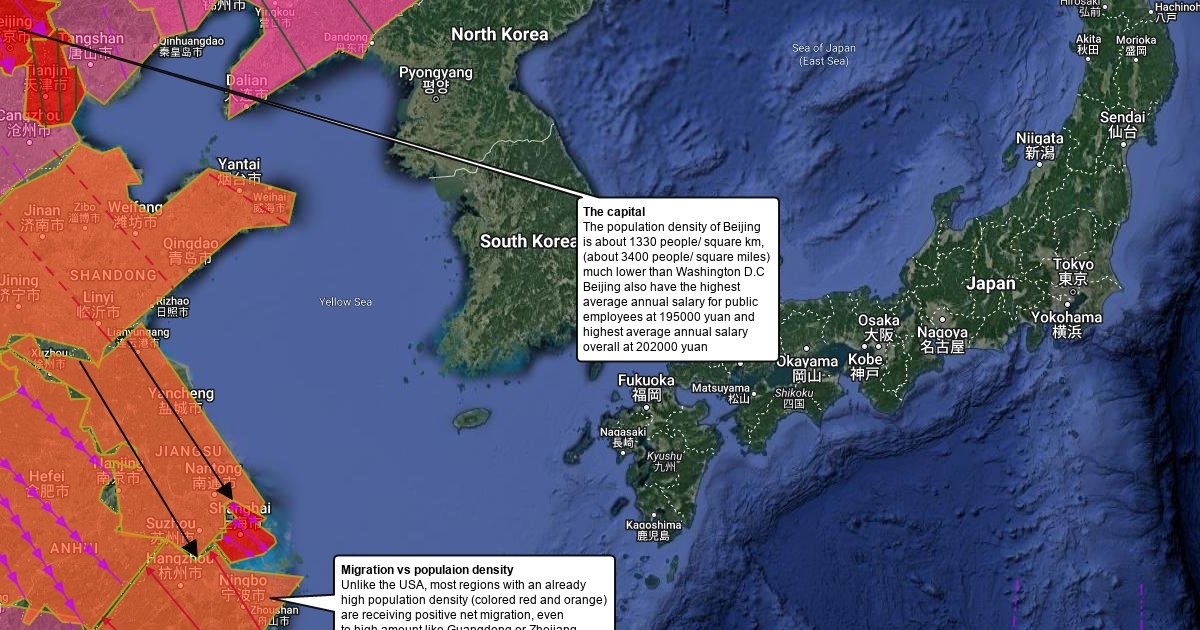 USA vs China population density, net migration, gross GDP per region
