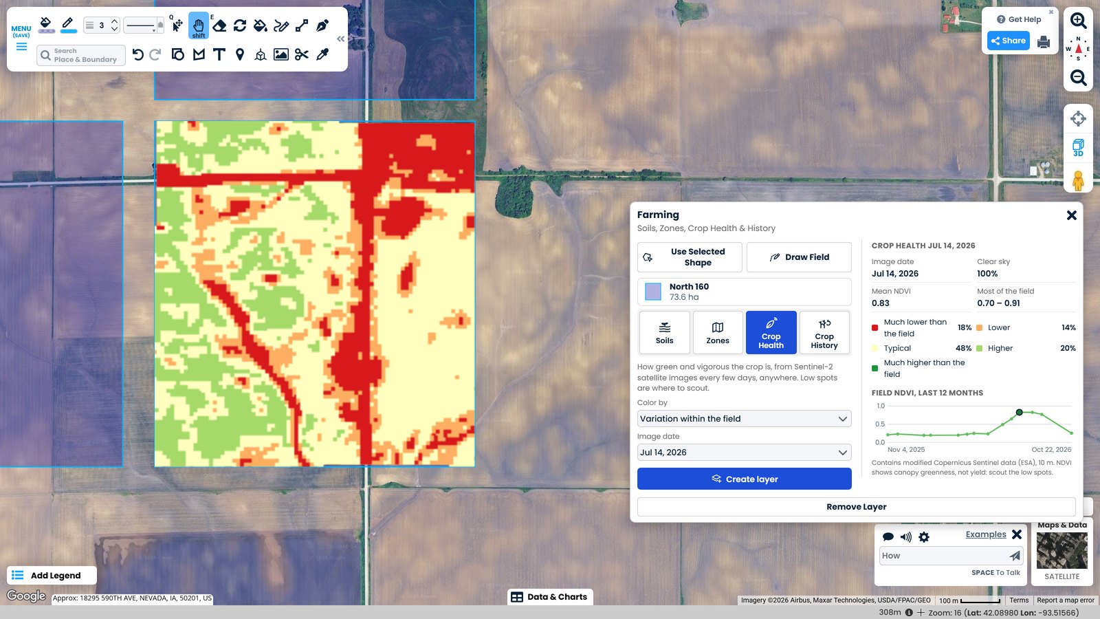 Editor Scribble Maps: kit Pertanian menampilkan kesehatan tanaman di sebuah lahan di Iowa, diwarnai menurut variasi di dalam lahan, dengan grafik NDVI lahan tersebut
