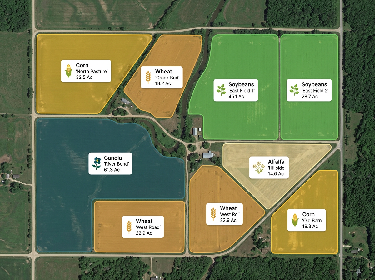 A field layout map with each field drawn as a colored polygon by crop with names and acreage labels