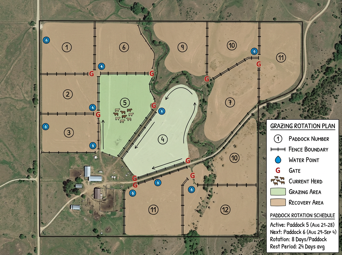 A ranch grazing map with numbered paddocks, fences, water points, and a rotation schedule legend