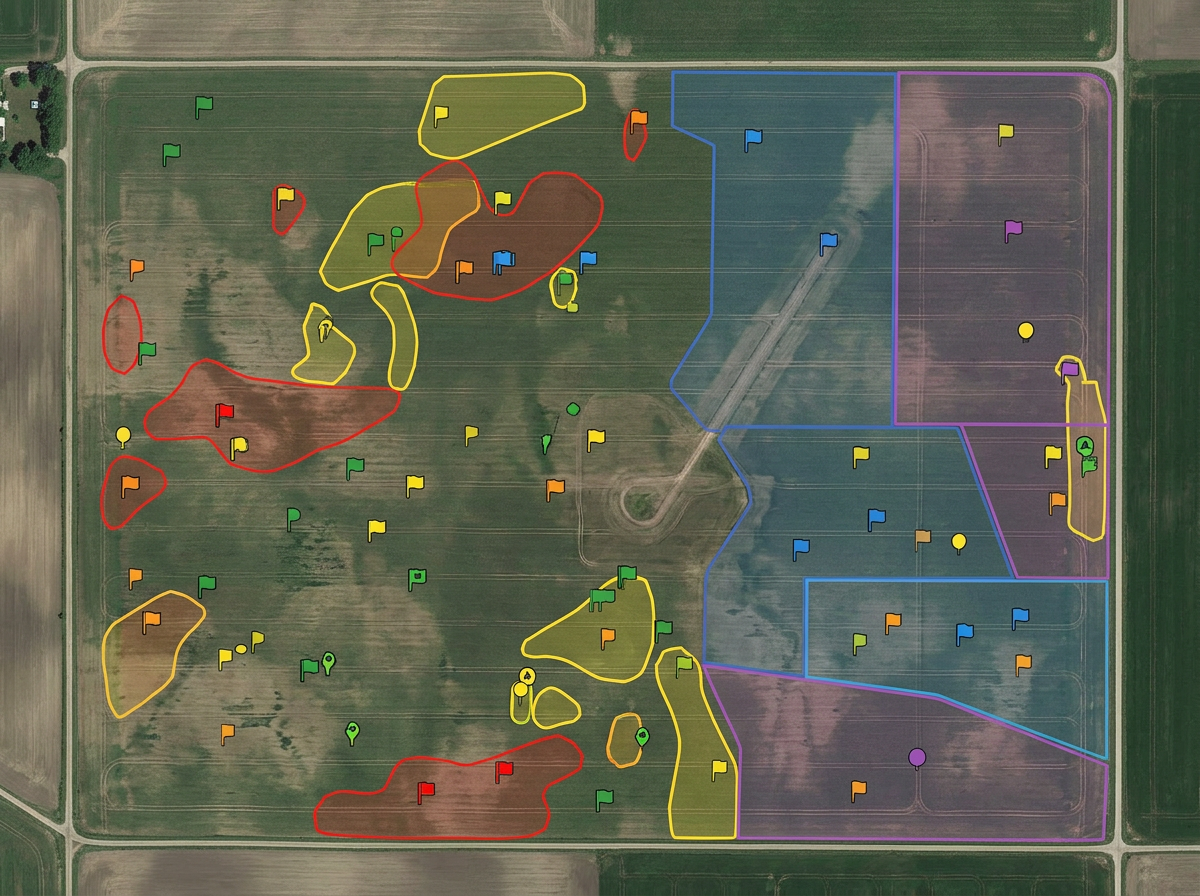 A crop consulting field exhibit with scout report markers, problem zones, and treatment areas drawn over a field