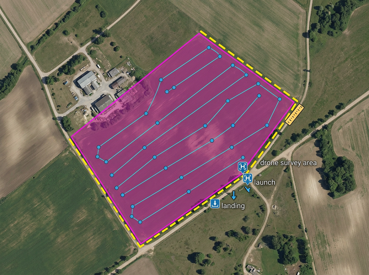 A drone survey area drawn as a polygon with launch, landing, and waypoint markers and a measured perimeter