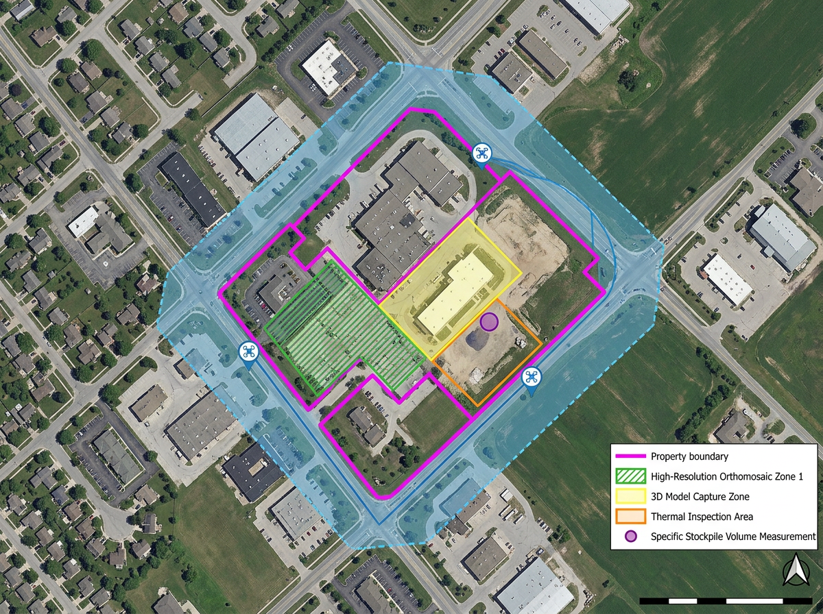 A client-facing pre-flight map with the planned flight area, property boundary, and deliverable zones marked