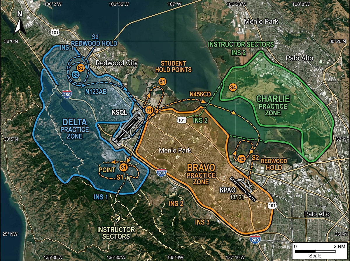 A flight training area map with practice zones, student hold points, and instructor sectors