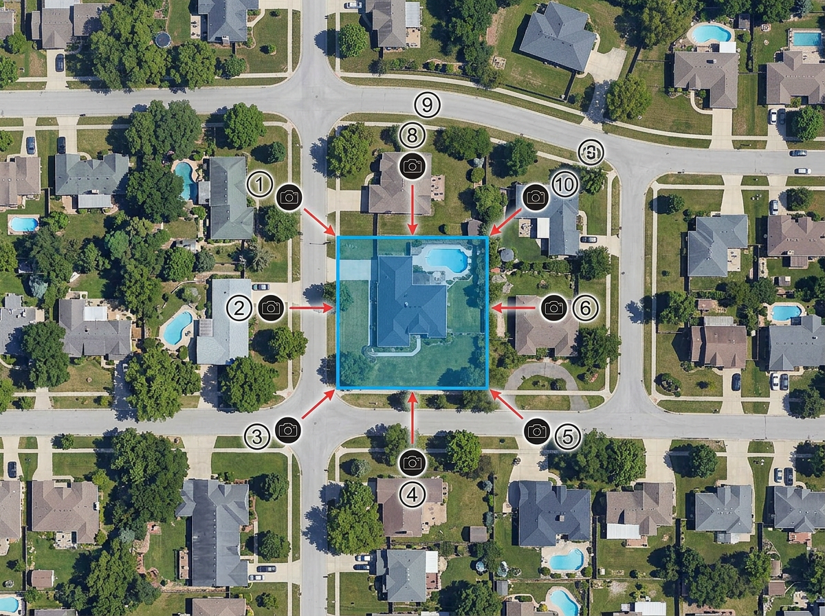 An aerial photo shoot map with subject property highlighted and numbered camera angles drawn around it