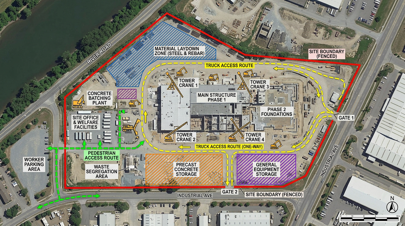 A construction site map showing fenced site boundaries, crane and equipment positions, material laydown zones, and color-coded access routes for trucks and pedestrians