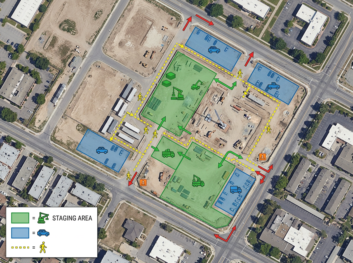 A bird's-eye site logistics drawing with color-coded zones for staging, parking, and pedestrian routes