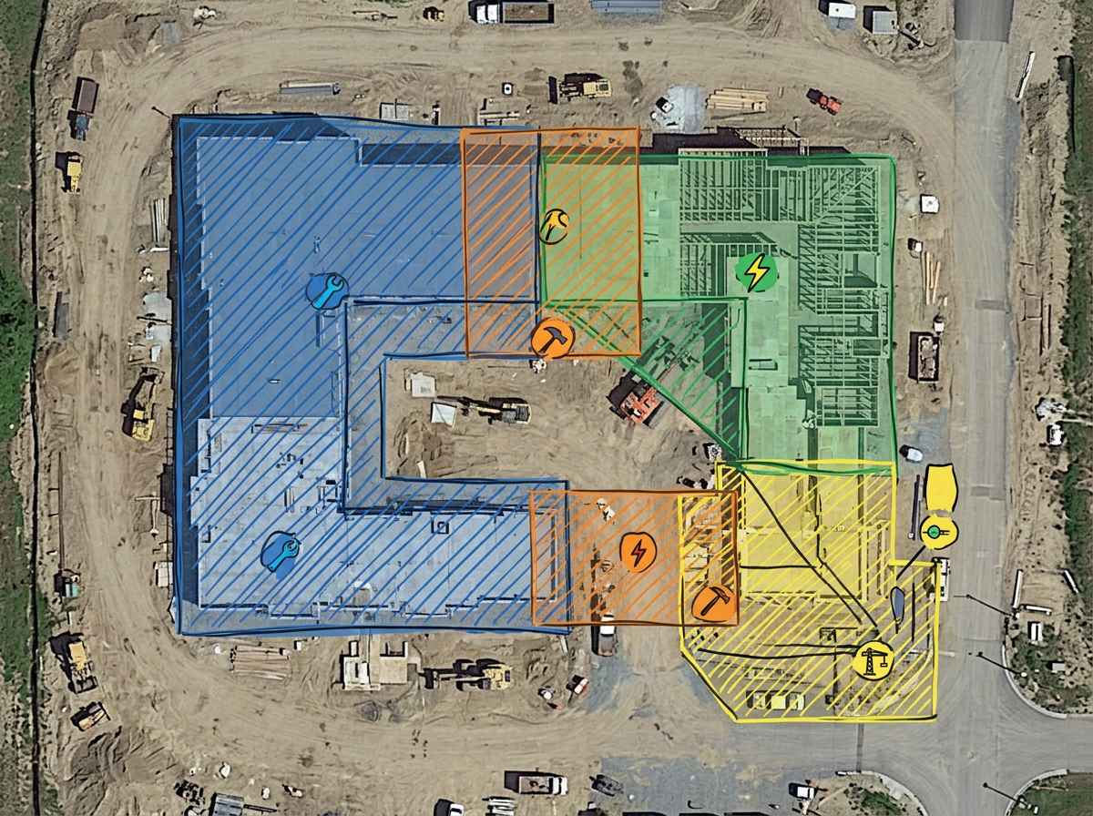 A construction site map with overlapping colored polygons indicating each trade's working zone for the week