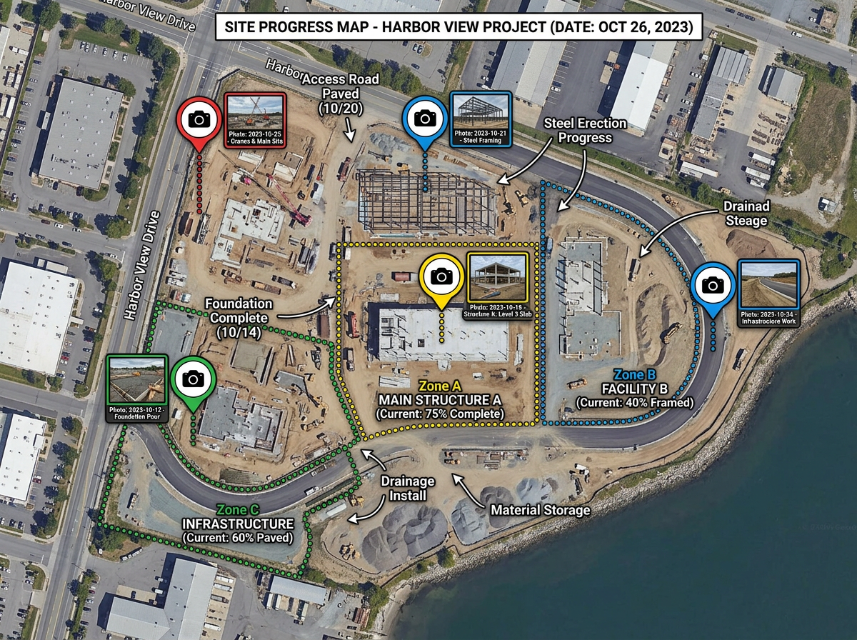 A site map with date-stamped photo markers and progress annotations sent as a read-only share link