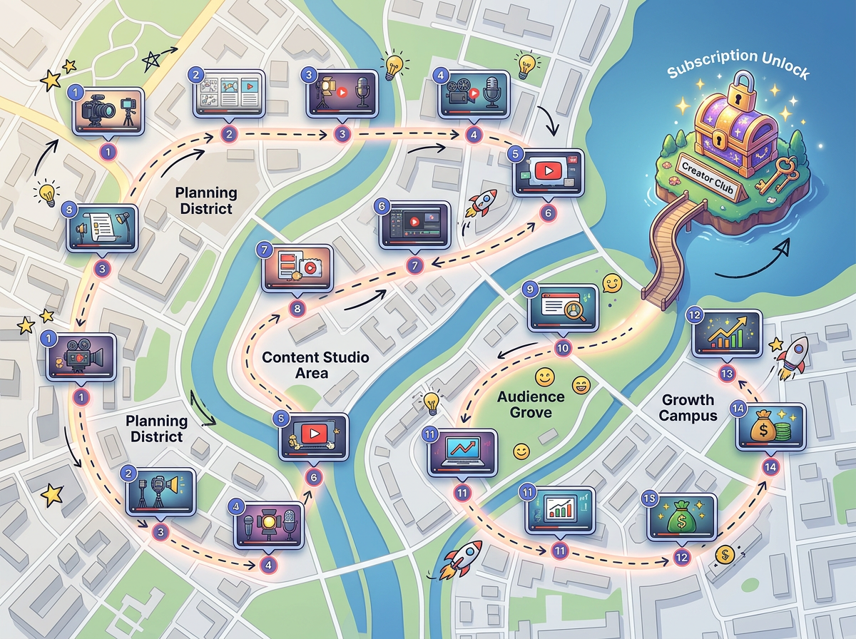 A YouTuber course map with video thumbnail markers linked to lessons and a subscription unlock