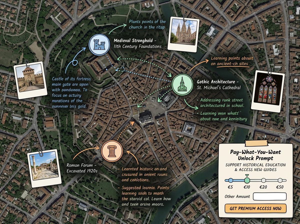 An educator's historical sites map with annotations, photos and a pay-what-you-want unlock prompt