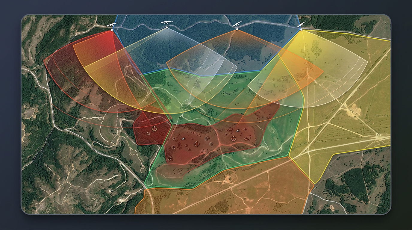 A training range map with safety fans drawn over satellite imagery, marked impact areas, and color-coded unit assignment zones