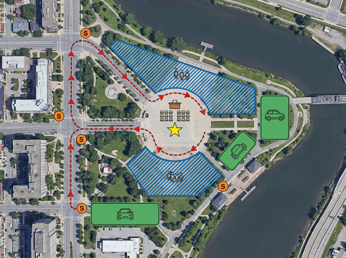 A ceremony site map with the parade route, viewing areas, security posts, and parking zones marked