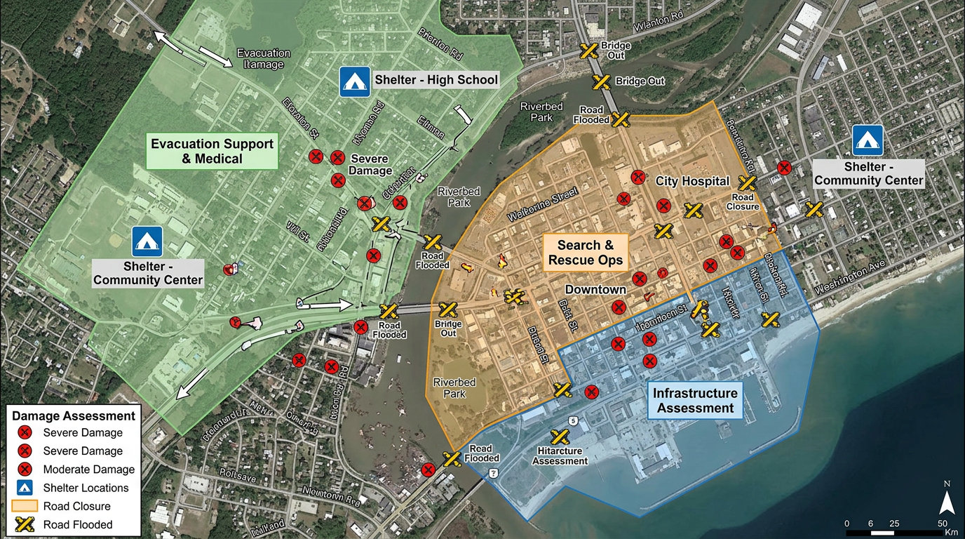 A disaster response situational awareness map with damage assessment markers, shelter icons, road closure barriers, and color-coded team assignment zones