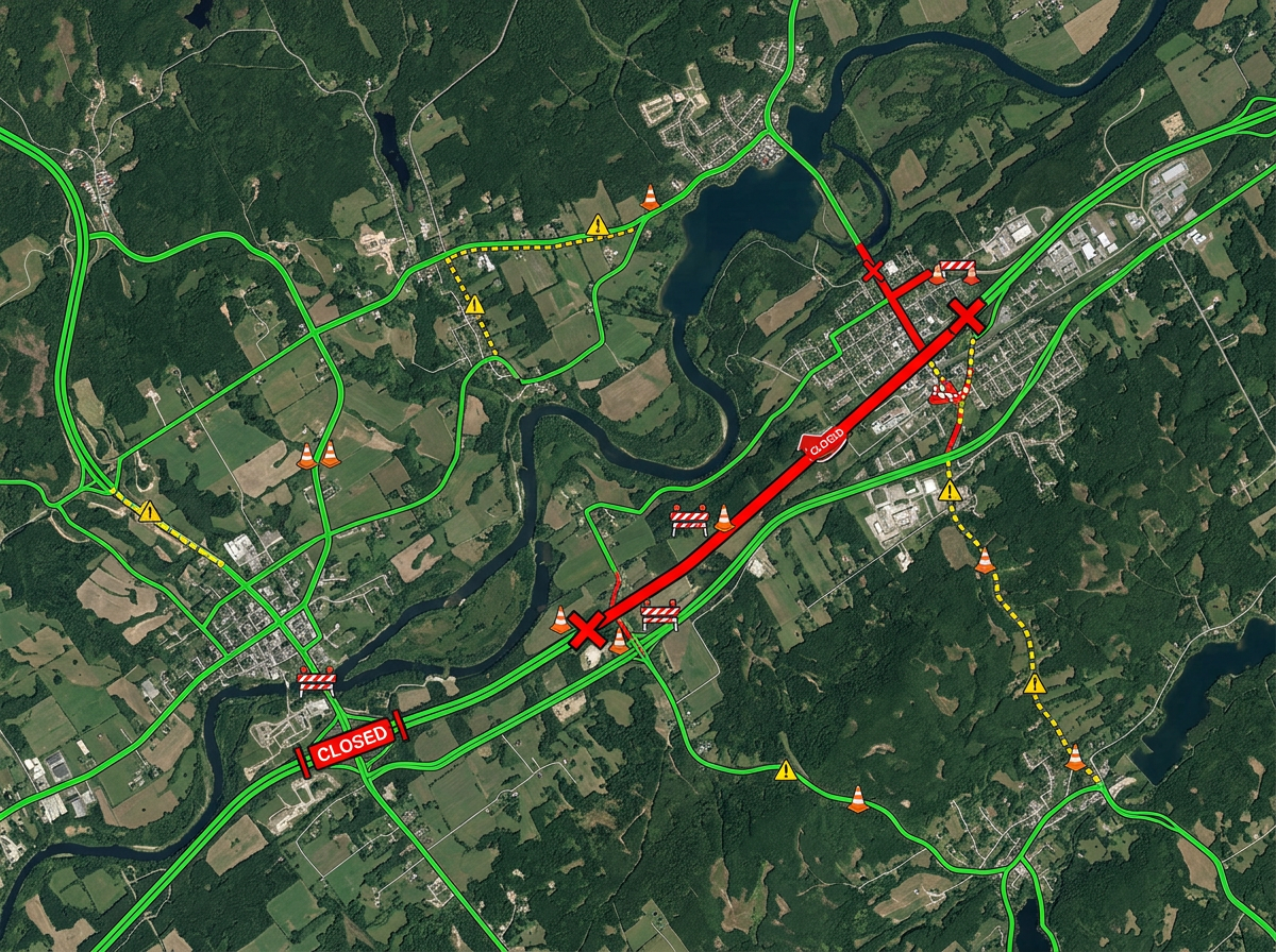 A regional road map with red closure barriers, yellow caution segments, and green open routes