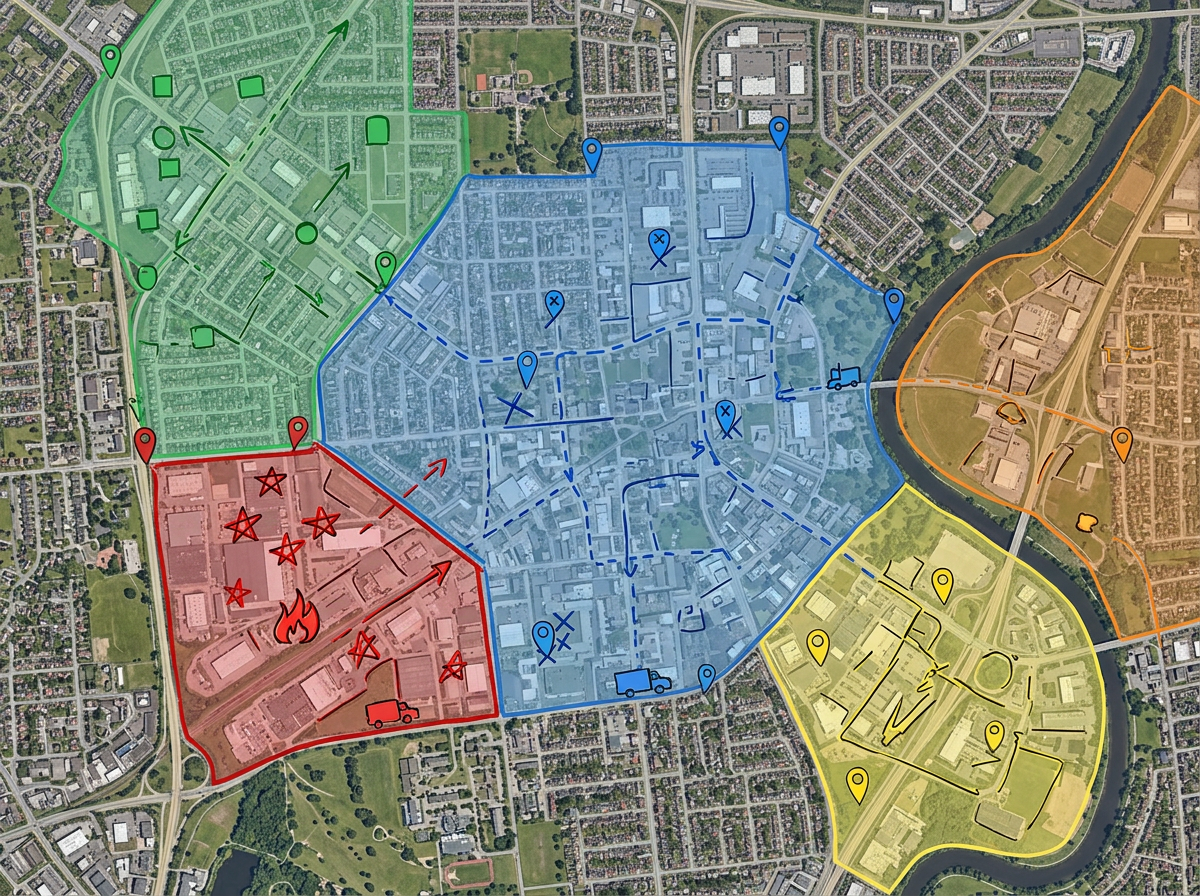A response area split into colored zones with each team's assignment map highlighted