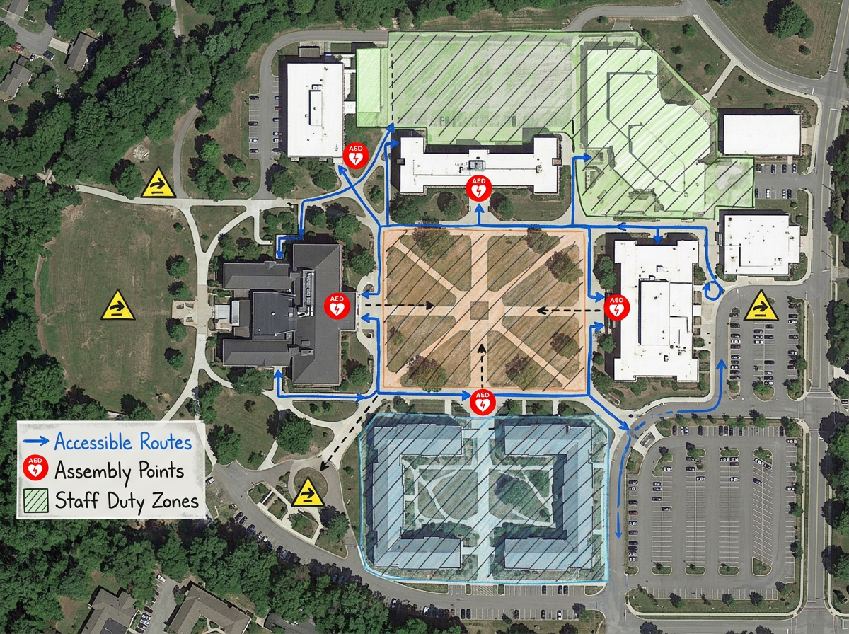 A campus safety map with assembly points, AED markers, accessible routes, and staff duty zones overlaid on satellite imagery