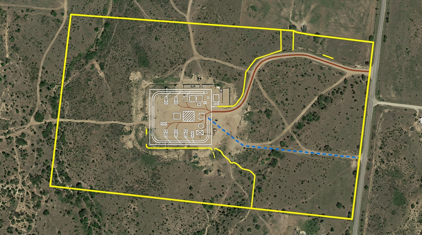 An oil and gas lease map with a parcel boundary drawn, a well pad layout sketched on top, gathering line route, and access road marked