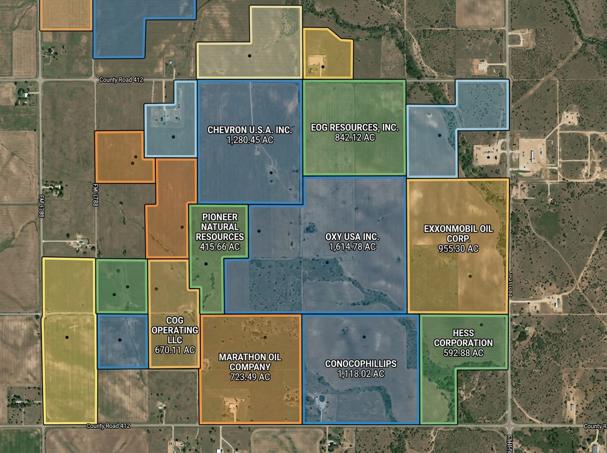 A lease and parcel map with multiple lease blocks drawn as polygons and labeled with operator names and acreage