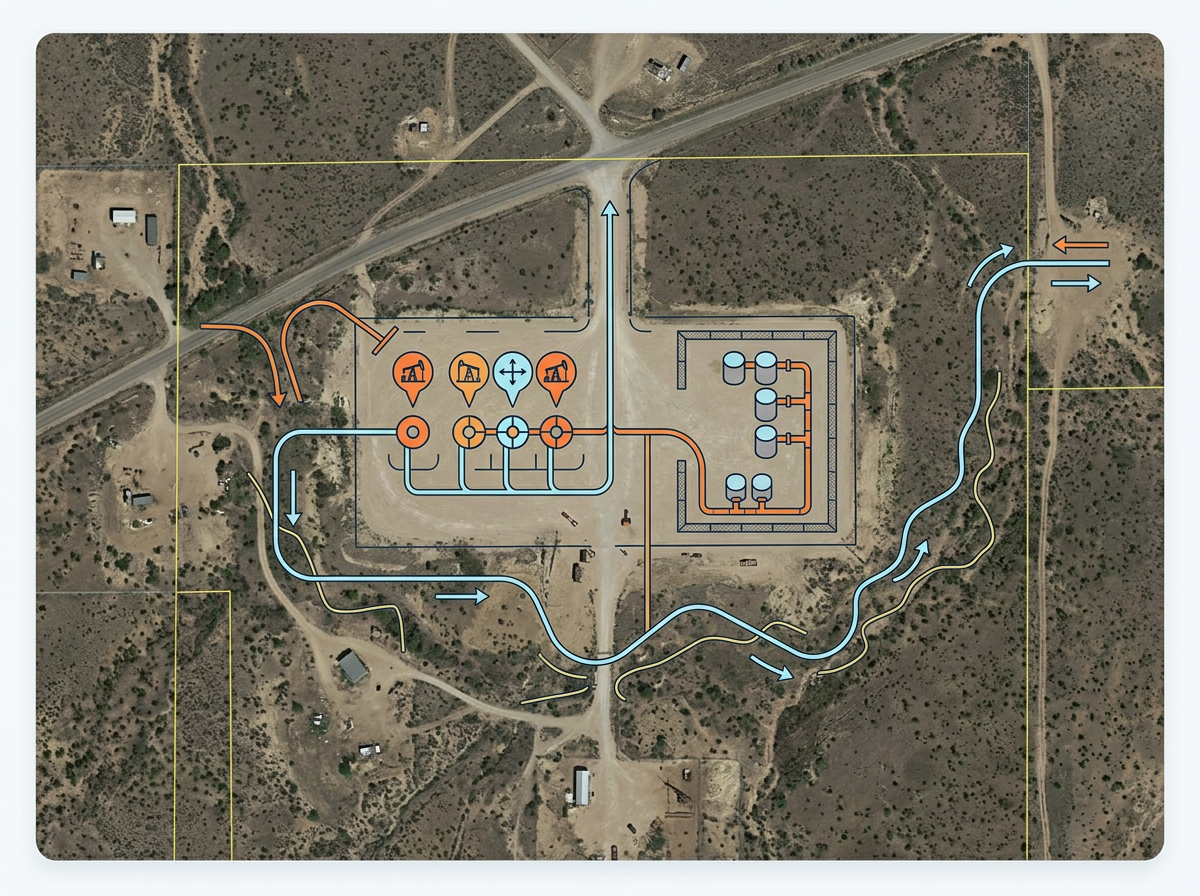 A well pad layout sketch with wellheads, tank battery position, and gathering line route drawn over satellite imagery