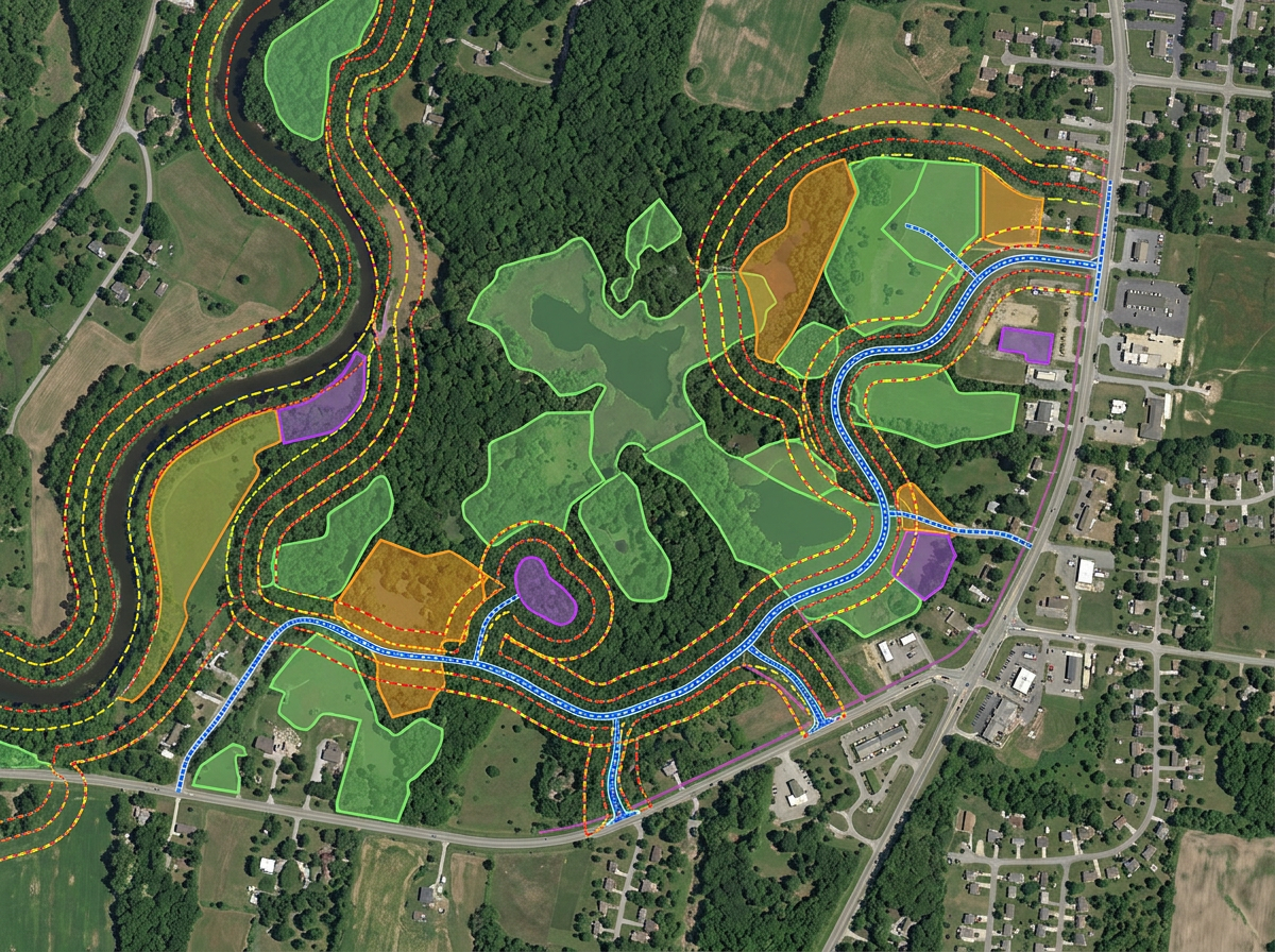 An environmental permitting exhibit with sensitive area polygons, setback rings, and access route lines