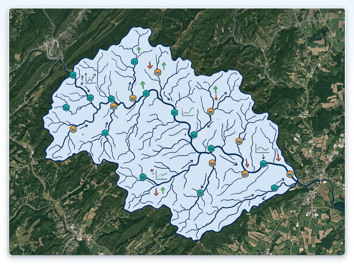 A watershed map with the basin polygon, stream segments, and water quality monitoring stations marked