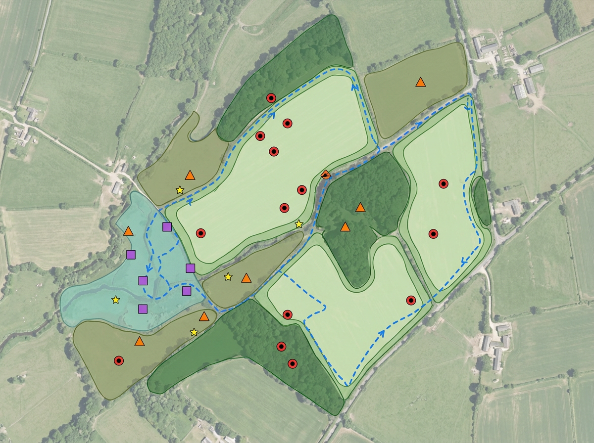 A habitat survey map with species observation markers, habitat polygons color-coded by type, and a survey route