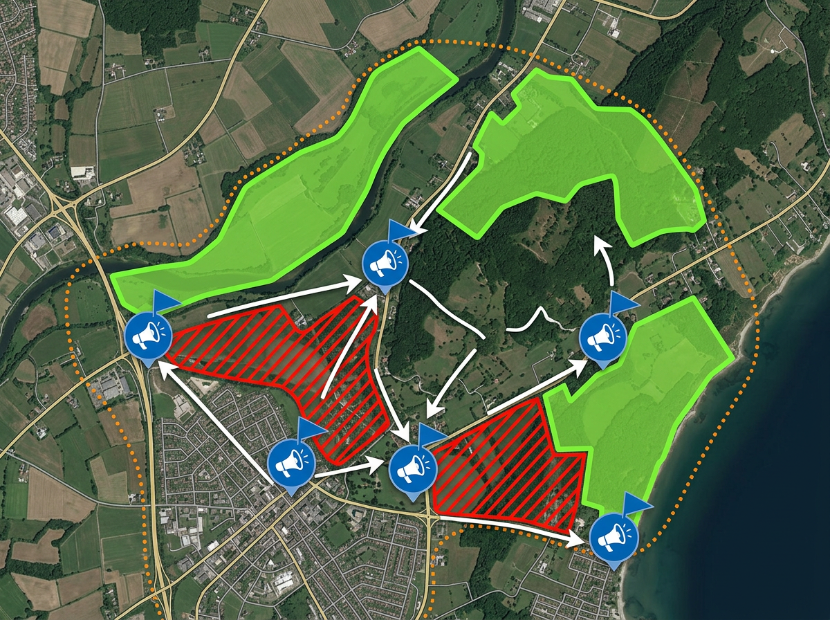 An advocacy campaign map with proposed development zones, sensitive habitats highlighted, and rally point markers