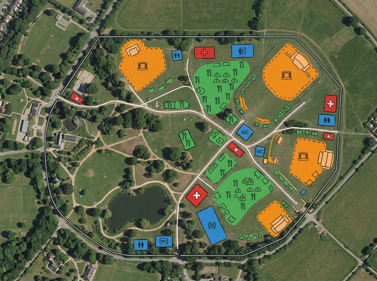 A festival venue plan with color-coded zones for stages, food vendors, restrooms, and medical tents