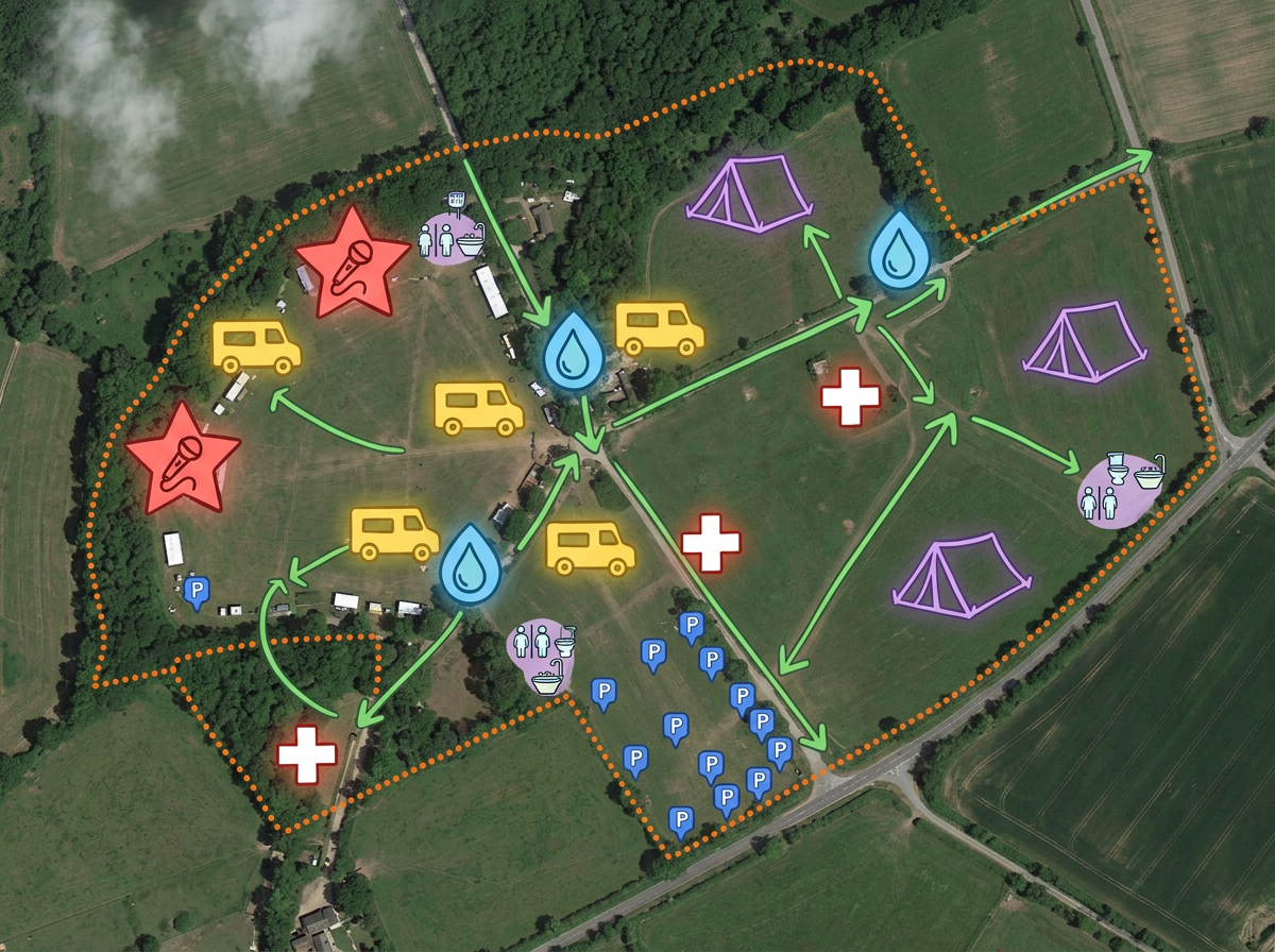 A mobile-friendly wayfinding map for festival attendees with toggleable layers for amenities