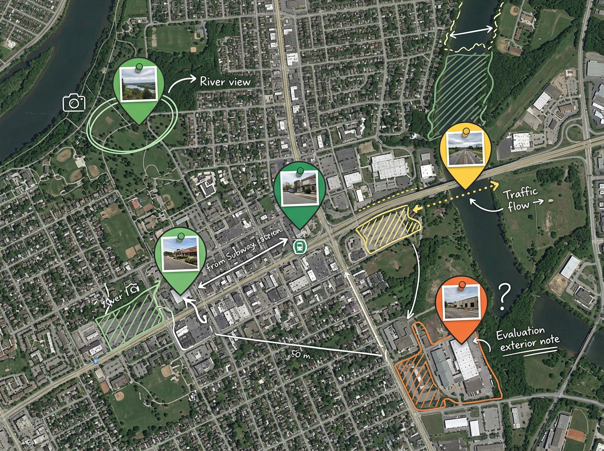 A scouting map with five candidate exterior locations, color-coded by score, with thumbnail photos pinned to each