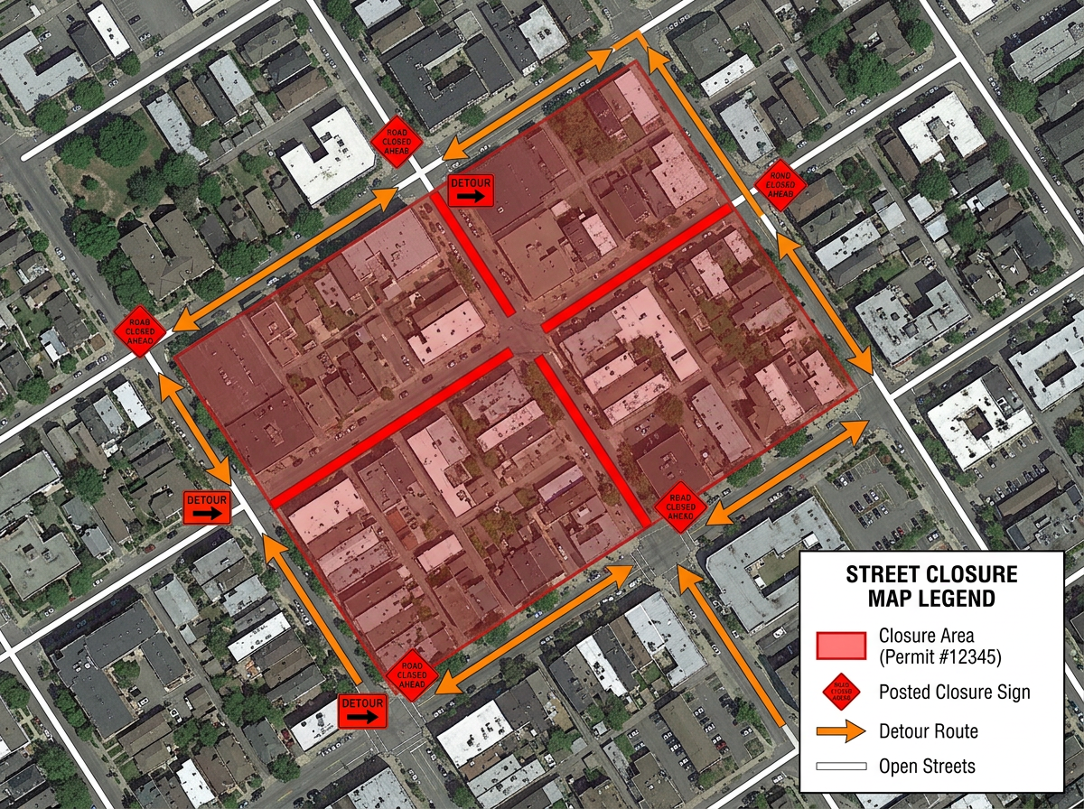 A street closure permit map with a closure polygon, posted signs, detour arrows and an export-ready legend
