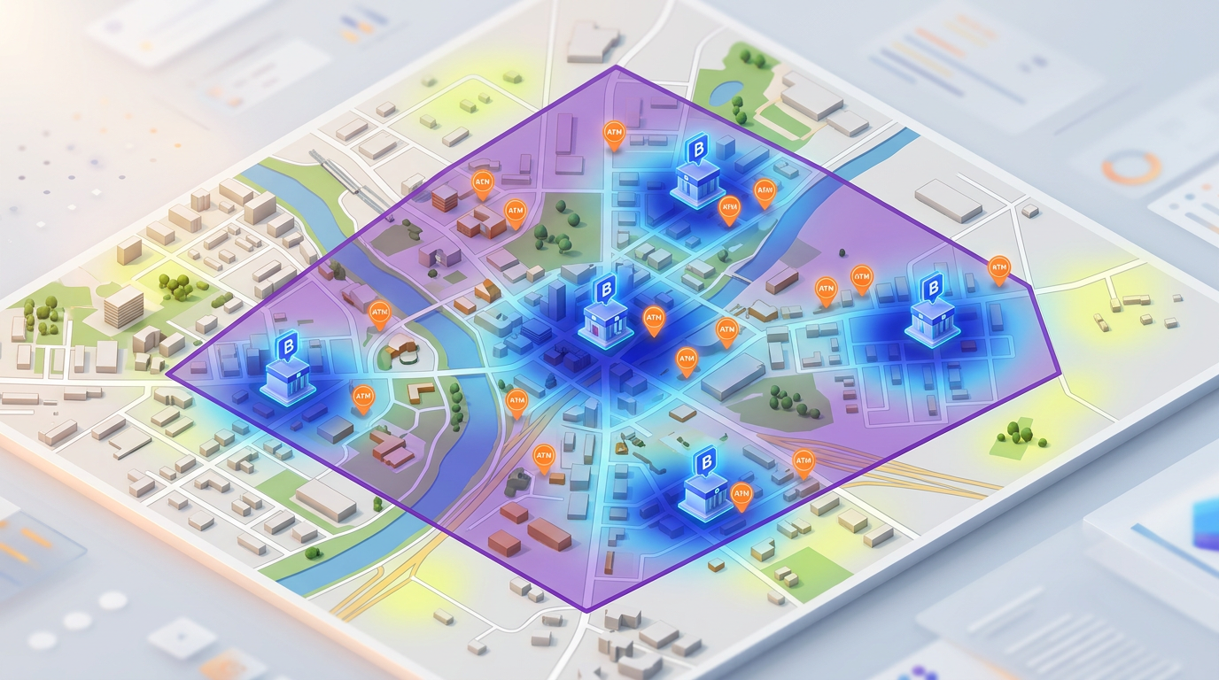 A community bank market map with the CRA assessment area drawn as a polygon, branches marked, ATM markers, and customer density highlighted