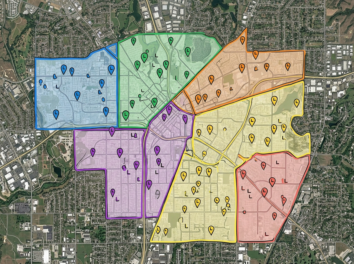 A lending territory map split into colored polygons by loan officer with active loan markers