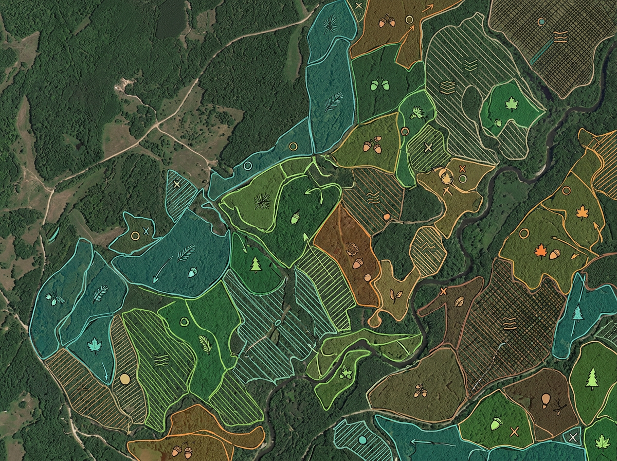 A stand inventory sketch map with stands color-coded by species and age class with attribute labels