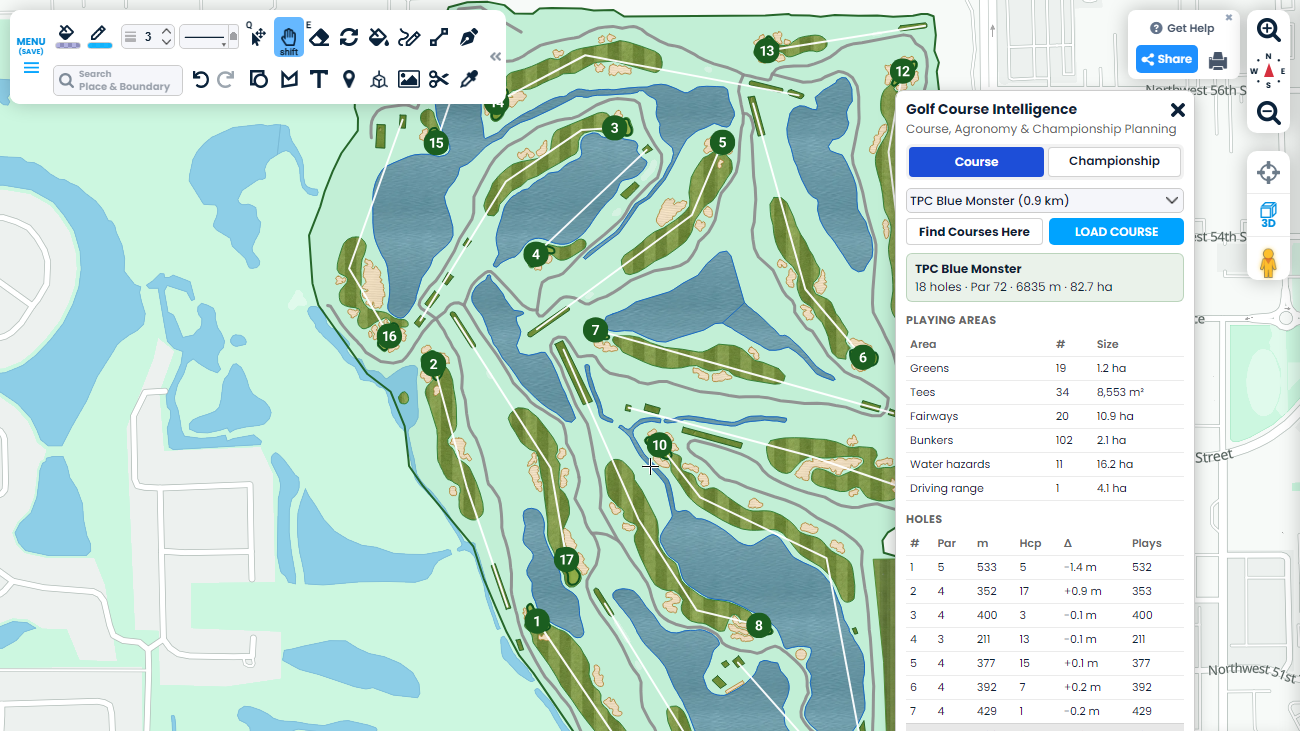 TPC Blue Monster ved Trump National Doral tegnet i Scribble Maps med teksturerte fairwayer, greener, bunkere og vann, nummererte flagg på hver green og panelet Golf Course Intelligence som viser hull og spilleområder