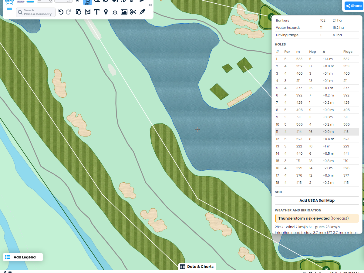 Ett enkelt golfhull zoomet inn med teksturert fairway, green, bunkere og et nummerert flagg, med hulltabellen som viser par, lengde, handicap, høydeforskjell og spillelengde
