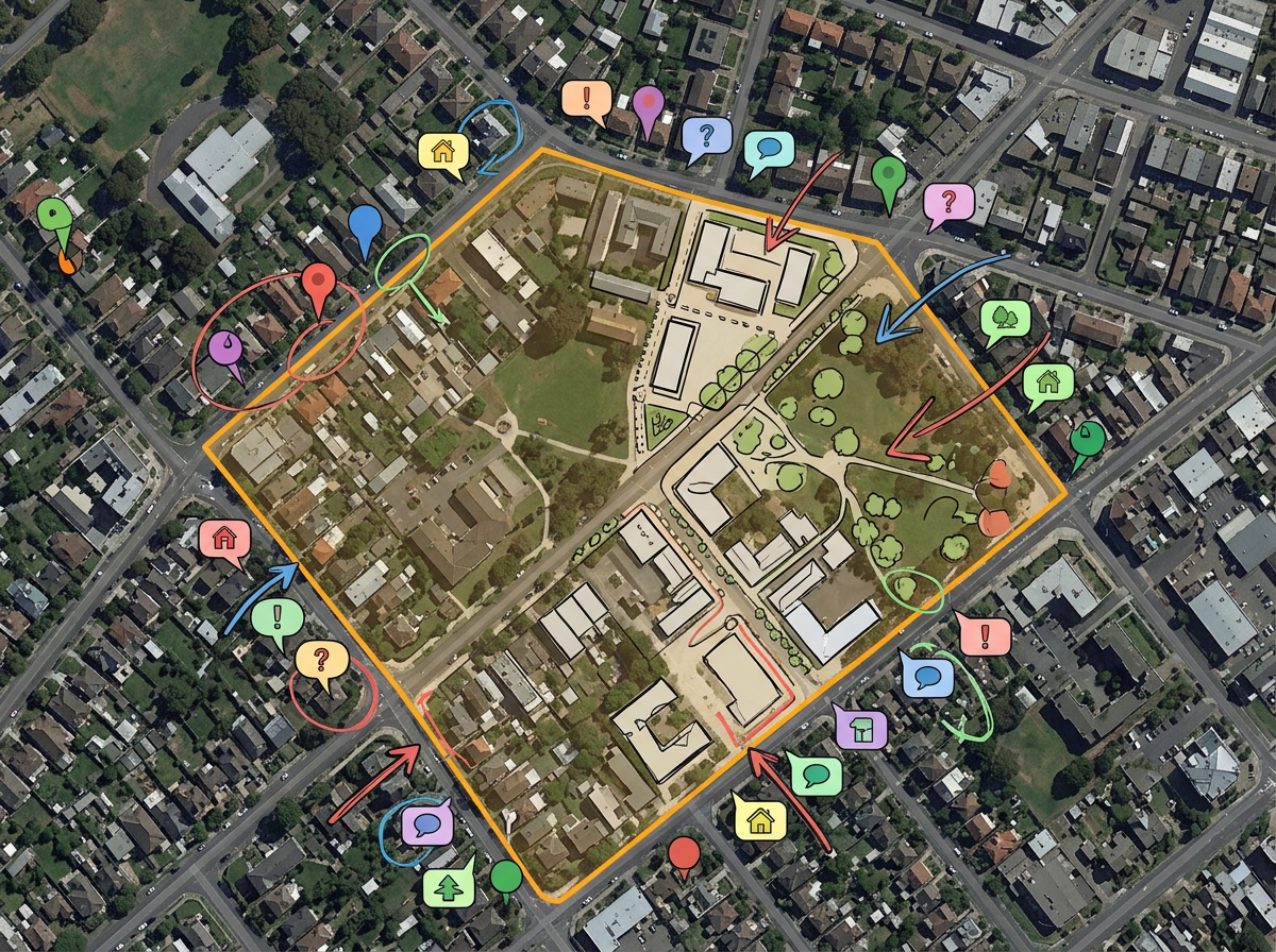 A council briefing map with a proposed project area highlighted and stakeholder comment markers around the perimeter