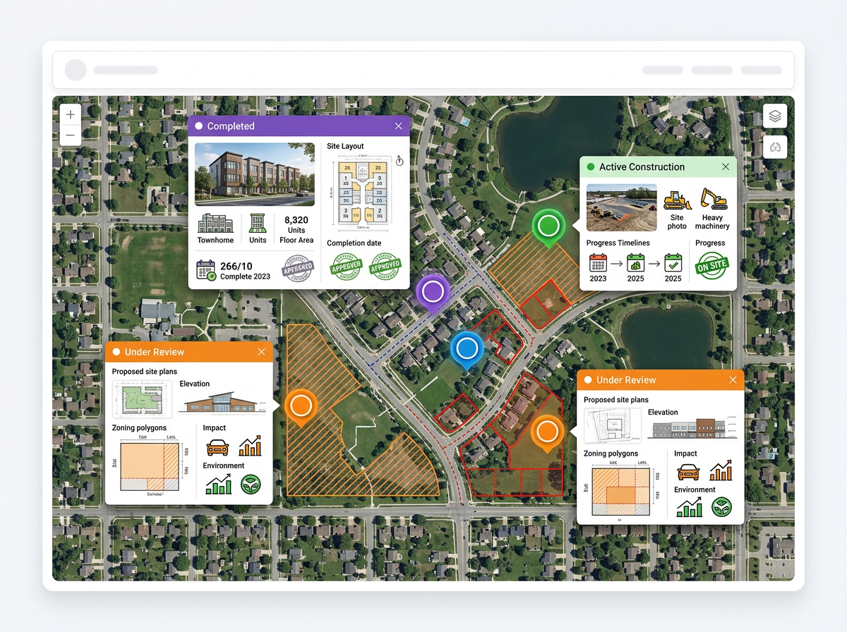 A residential planning map embedded on a public city website with click-to-view project details
