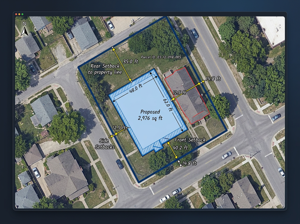 A zoning review map with a parcel boundary, proposed building footprint, and setback measurement annotations