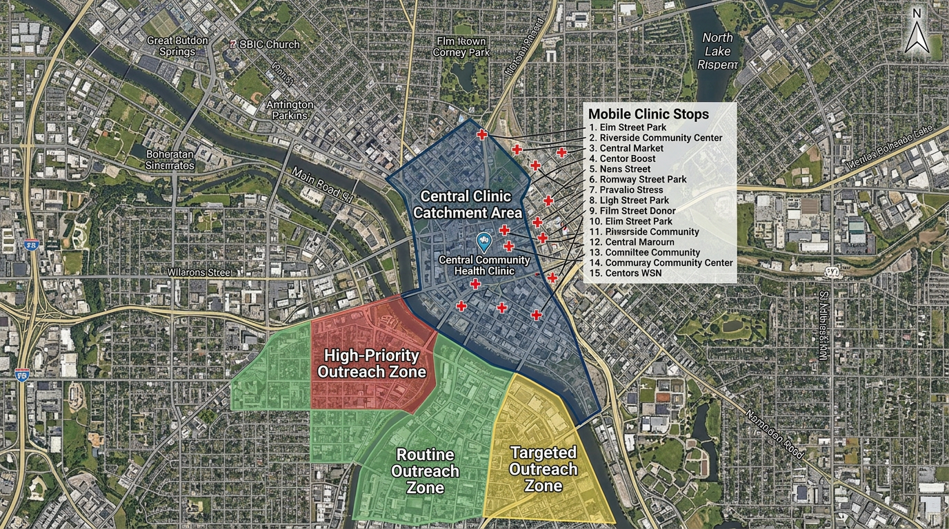 A community health map with a clinic catchment polygon, mobile clinic stops as markers, and color-coded outreach zones overlaid on a city