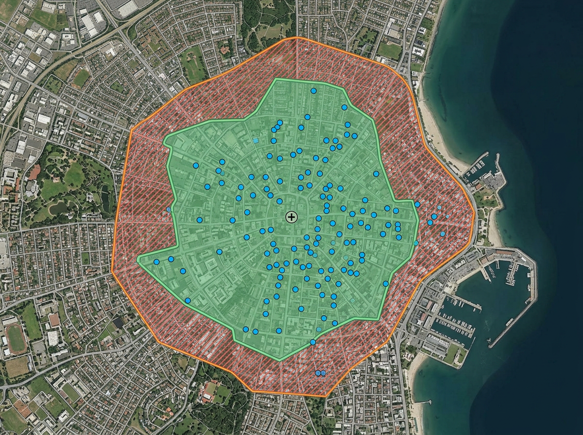 A clinic catchment area map with a travel-time isochrone, pins for existing patients, and a gap zone highlighted in a different color