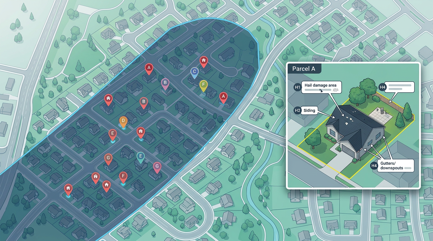 A claim documentation map with a hail swath polygon drawn over a residential neighborhood, affected property markers, and an inset of one parcel with damage notes