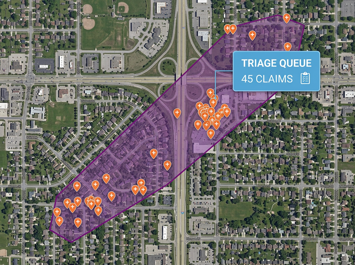 A storm response map with a hail swath polygon, affected policy markers, and a triage queue label