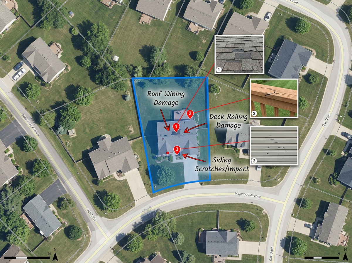 A single property claim map with the parcel highlighted, damage annotations, and inset photos referenced