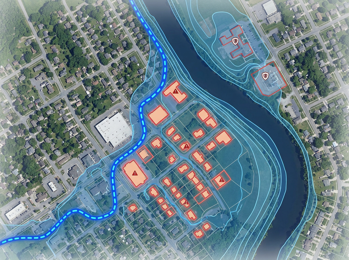 A flood risk exhibit with a flood line drawn through a parcel, contour zones, and at-risk structures highlighted