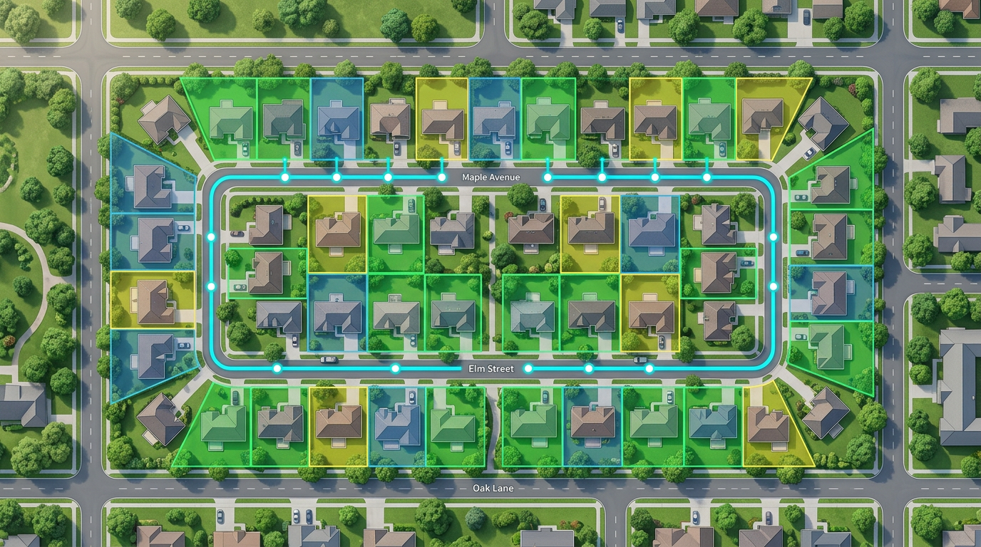 A satellite view of a residential block with measured lawn areas highlighted, color-coded by service type, and an overlaid route line connecting daily stops