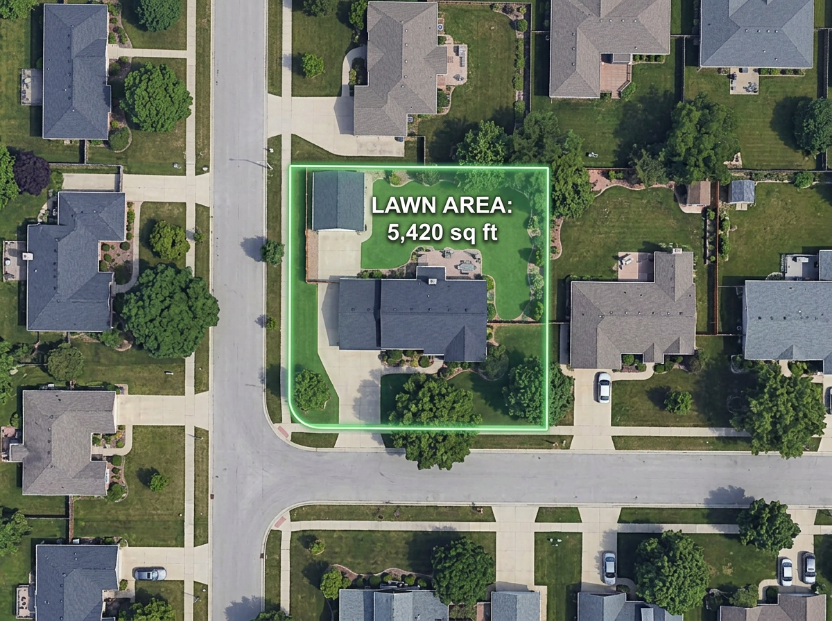 A satellite map of a single residential property with the lawn area outlined and a square footage label displayed