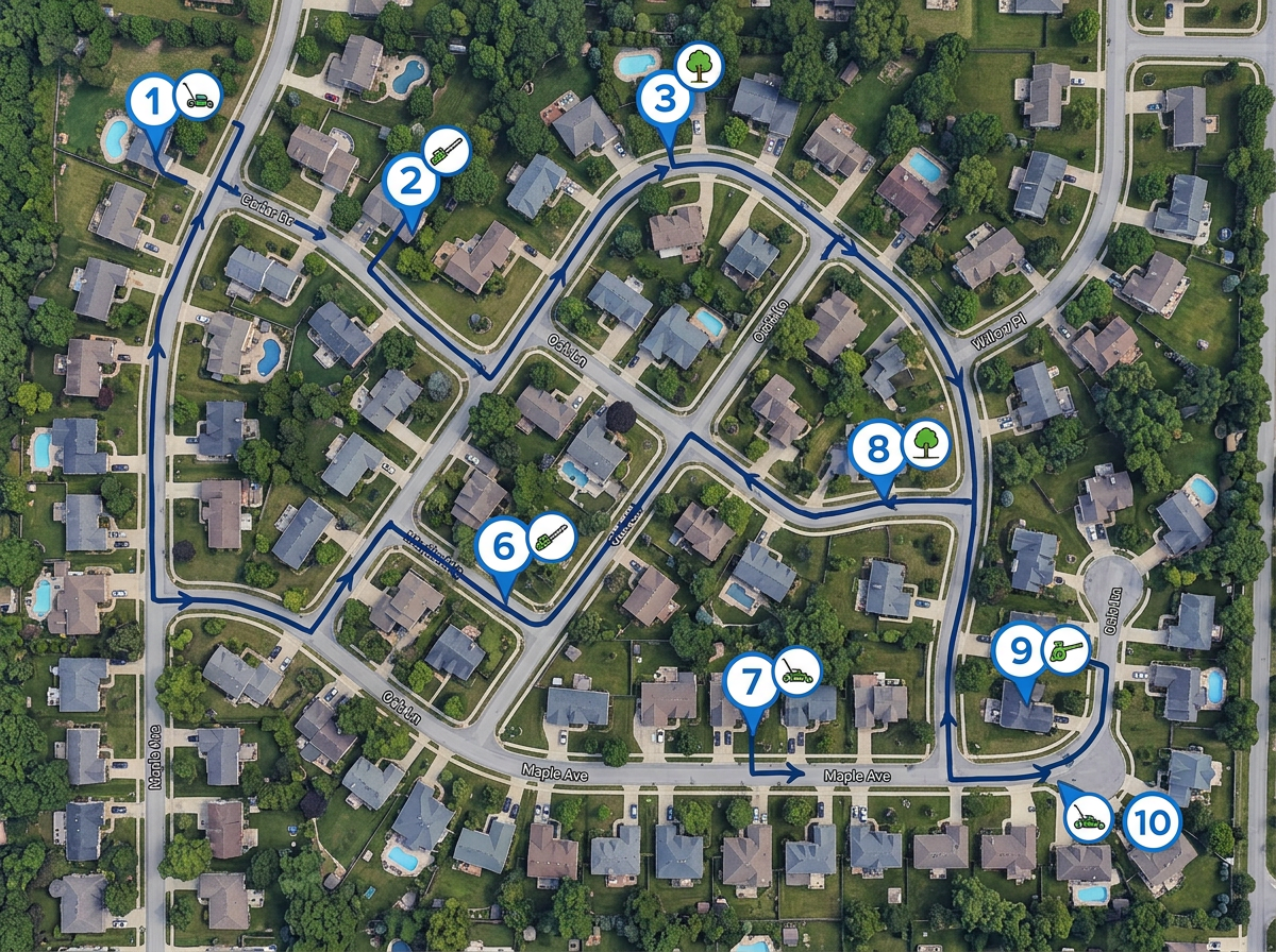 An optimized landscaping route map with numbered stops and a connecting drive line across a suburban neighborhood