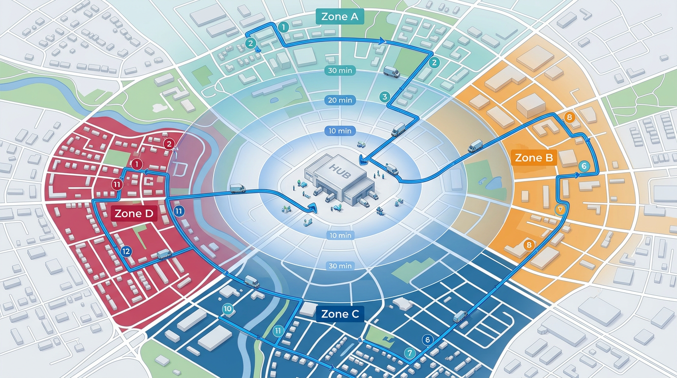 A delivery route map with numbered stops, an optimized driving line, color-coded service zones, and a travel-time isochrone around a distribution center